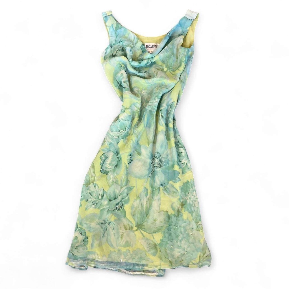 Y2K Beaded Sequin Blue Green Floral Strapless Dress Size 6 Fairy Coquette